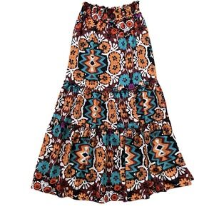 Josie Natori Paradise Maxi Skirt XS Multicolor Tropical Pull On Tiered Vacation